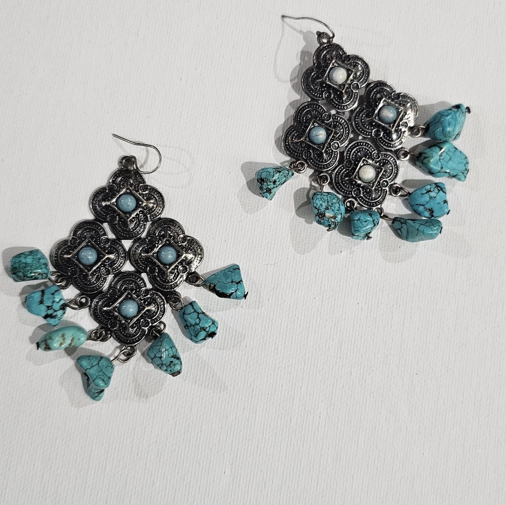 Turquoise and Silver Boho Dangle Earrings